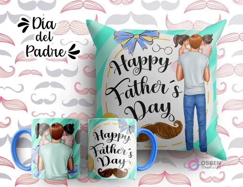Plantilla sublimación cojín y tazas Día del Padre con ilustración de padre con hija y hijo, texto 'Happy Father's Day' y bigote, fondo verde claro con líneas y moño.