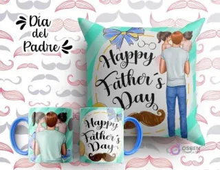 Plantilla sublimación cojín y tazas Día del Padre con ilustración de padre con hija y hijo, texto 'Happy Father's Day' y bigote, fondo verde claro con líneas y moño.