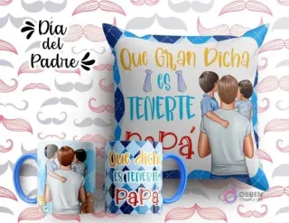 Plantilla sublimación cojín y tazas Día del Padre con ilustración de padre y dos hijos, frase 'Que Gran Dicha es TENERTE PAPÁ', fondo azul con patrón de rombos.