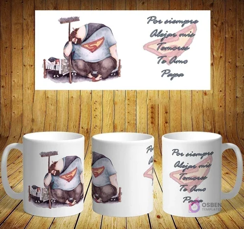 Plantilla de sublimación para taza del Día del Padre con diseño de papá superhéroe barriendo y niño dormido. Mensaje: 'Por siempre Alejas mis Temores'.