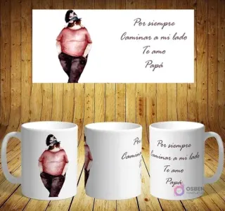 Plantilla de sublimación para taza del Día del Padre con diseño de papá con gorra y manos en bolsillos. Mensaje: 'Por siempre Caminar a mi lado'.