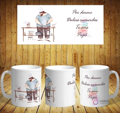 Plantilla de sublimación para taza del Día del Padre con diseño de papá chef con gorro preparando dulces. Mensaje: 'Por darme Dulces recuerdos'.