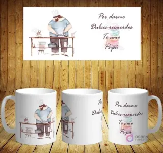Plantilla de sublimación para taza del Día del Padre con diseño de papá chef con gorro preparando dulces. Mensaje: 'Por darme Dulces recuerdos'.