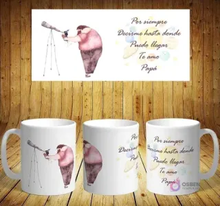 Plantilla de sublimación para taza del Día del Padre con diseño de papá con telescopio y niño. Mensaje: 'Por siempre Decirme hasta donde Puedo llegar'.