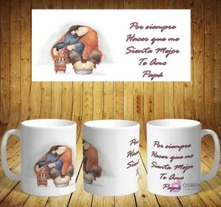 Plantilla de sublimación para taza del Día del Padre con diseño de papá cubriendo a un niño enfermo. Mensaje: 'Por siempre Hacer que me Sienta Mejor'.
