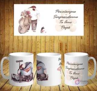 Plantilla de sublimación para taza del Día del Padre con diseño de papá y osos de peluche junto a un niño. Mensaje: 'Por siempre Sorprenderme'.