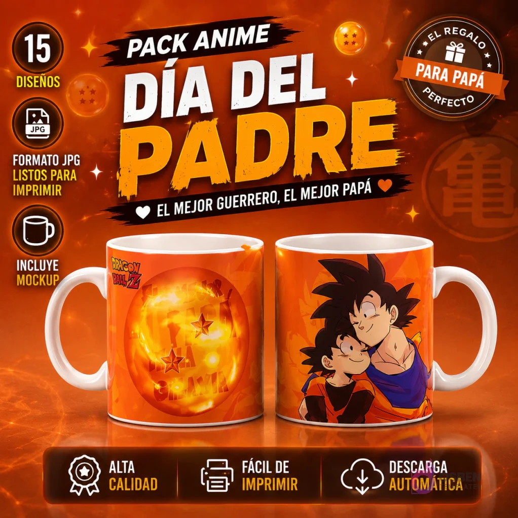 Banner principal pack 15 plantillas tazas Día del Padre Anime Cómic, con diseños Dragon Ball Z de Goku y Gohan, mockups, JPG, descarga inmediata y alta calidad