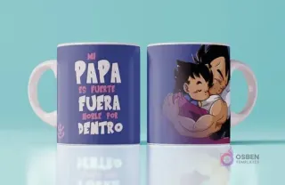 Mockup de taza con diseño para el Día del Padre de Vegeta abrazando a Trunks y la frase 'Mi papá es fuerte noble por dentro', fondo azul claro