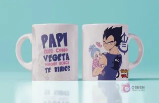 Mockup de taza con diseño para el Día del Padre de Vegeta sosteniendo a baby Bulma y la frase 'Papi eres como Vegeta porque nunca te rindes', fondo azul claro