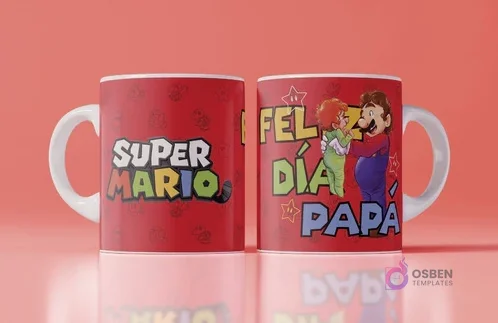 Mockup de taza con diseño para el Día del Padre de Super Mario abrazando a un bebé y la frase 'Feliz Día Papá!', fondo rojo con patrones de Mario