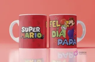 Mockup de taza con diseño para el Día del Padre de Super Mario abrazando a un bebé y la frase 'Feliz Día Papá!', fondo rojo con patrones de Mario