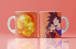 Mockup de taza con diseño para el Día del Padre de Goku y Gohan abrazándose, con una esfera del dragón, fondo naranja y rojo