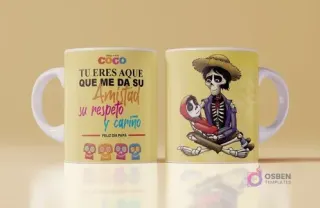 Mockup de taza con diseño para el Día del Padre de Coco con Héctor el esqueleto y Miguel, frase 'Tu eres aquel que me da su amistad respeto y cariño', fondo amarillo