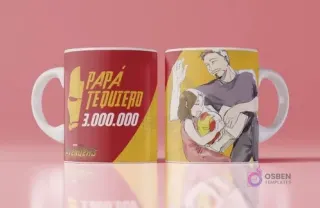 Mockup de taza con diseño para el Día del Padre de Iron Man y Tony Stark con Morgan, frase 'Papá te quiero 3.000.000', fondo rojo y amarillo de Avengers