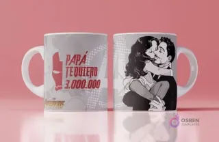 Mockup de taza con diseño para el Día del Padre de Iron Man con Tony Stark y Pepper Potts, frase 'Papá te quiero 3.000.000', fondo gris y blanco de Avengers