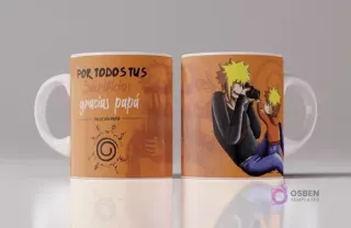 Mockup de taza con diseño para el Día del Padre de Naruto y Minato Namikaze, frase 'Por todos tus sacrificios gracias papá', fondo naranja con símbolo de Konoha