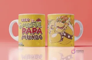 Mockup de taza con diseño para el Día del Padre de Bowser y Bowser Jr. abrazándose, frase 'Eres el mejor papá del mundo', fondo amarillo de Super Mario