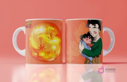 Mockup de taza con diseño para el Día del Padre de Gohan adulto abrazando a Gohan bebé, con una esfera del dragón, fondo naranja y rojo