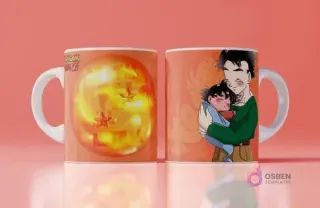 Mockup de taza con diseño para el Día del Padre de Gohan adulto abrazando a Gohan bebé, con una esfera del dragón, fondo naranja y rojo