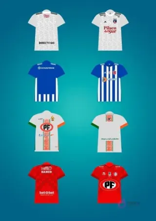 Conjunto de 8 plantillas PSD de camisetas de fútbol chileno para sublimación, incluyendo diseños que representan a Colo Colo, Everton, Universidad Católica y Deportes Iquique, con sus colores y patrocinadores originales.