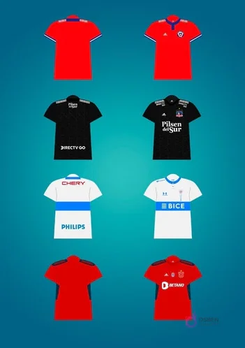 Ocho plantillas PSD de camisetas de fútbol de la liga chilena, mostrando diseños que simulan a la Selección Chilena, Colo Colo, Universidad de Chile y Universidad Católica, con vistas frontales y traseras detalladas.