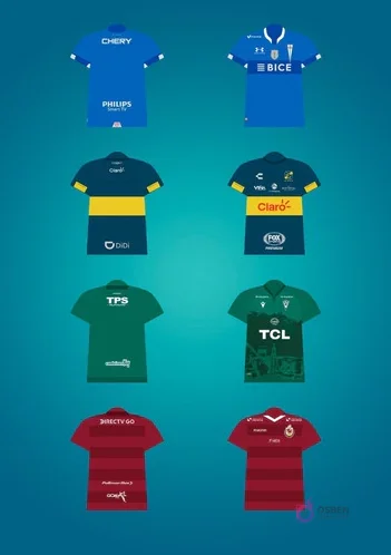 Pack de 8 plantillas PSD para sublimación de camisetas de fútbol chileno, con diseños que evocan a Universidad de Chile, Universidad Católica, Colo Colo, Santiago Wanderers y O'Higgins, destacando sus uniformes emblemáticos.