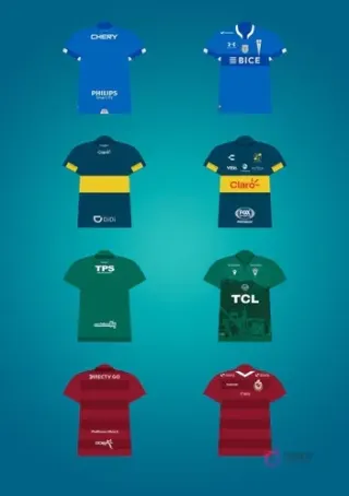 Pack de 8 plantillas PSD para sublimación de camisetas de fútbol chileno, con diseños que evocan a Universidad de Chile, Universidad Católica, Colo Colo, Santiago Wanderers y O'Higgins, destacando sus uniformes emblemáticos.