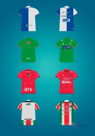 Colección de 8 plantillas PSD de camisetas de fútbol de equipos chilenos como Cobresal, Curicó Unido, Unión Española y Ñublense, listas para sublimar con detalles de patrocinadores y escudos.