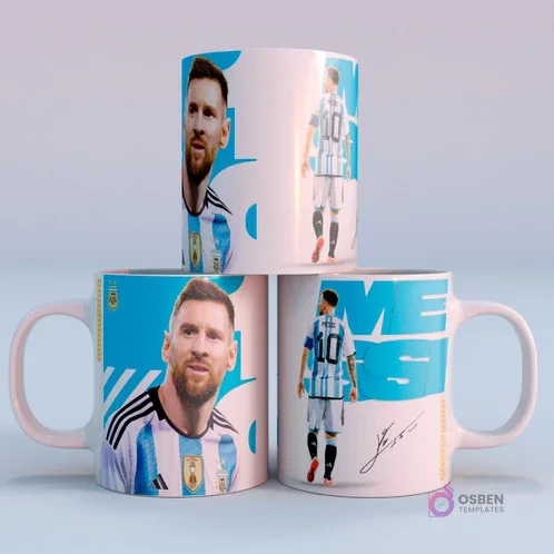 Mugs de sublimación con diseños de Lionel Messi en camiseta de Argentina 2022, con fondo celeste y su firma, vista frontal y posterior de su camiseta número 10.