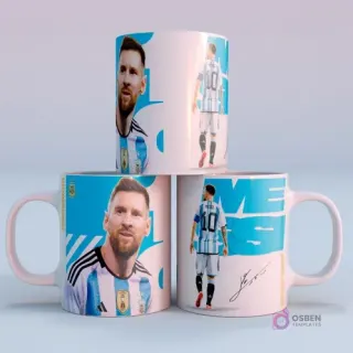 Mugs de sublimación con diseños de Lionel Messi en camiseta de Argentina 2022, con fondo celeste y su firma, vista frontal y posterior de su camiseta número 10.