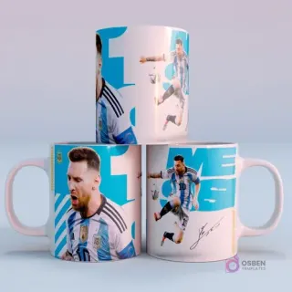 Tazas sublimes con Lionel Messi gritando y pateando el balón, diseño celeste de Argentina Campeón del Mundo 2022, con el número 10 y su autógrafo.