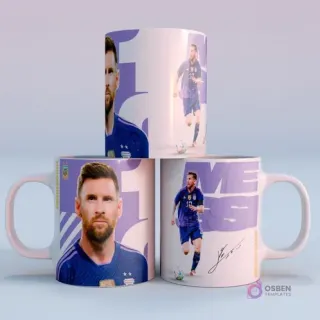 Tazas sublimes con Lionel Messi en camiseta alternativa azul corriendo con el balón, diseño púrpura de Argentina 2022, con el número 10 y su autógrafo.