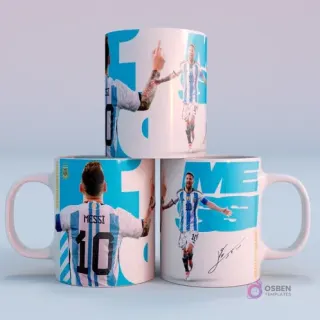 Mugs de sublimación con diseños de Lionel Messi celebrando con los brazos abiertos y mostrando el dorsal 10, diseño celeste de Argentina Campeón del Mundo 2022.