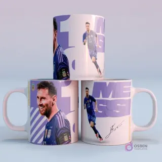 Tazas sublimes con Lionel Messi sonriendo y corriendo con camiseta alternativa azul, diseño púrpura de Argentina 2022 con el dorsal número 10 y su autógrafo.