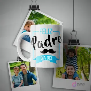 Taza blanca de sublimación con diseño 'Feliz Padre Día Del' y un bigote, rodeada de fotografías de padres con sus hijos colgando de clips en un fondo gris.