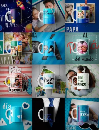 Collage de 9 diseños diferentes de tazas personalizadas para el Día del Padre, mostrando variedad de estilos, frases y fotos familiares para sublimación.