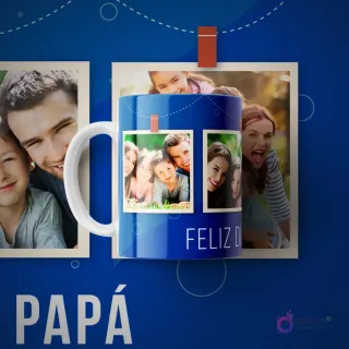 Taza de sublimación azul con la frase 'FELIZ DÍA PAPÁ' y un collage de tres fotos familiares sonrientes, con fondo azul y elementos de papelería.