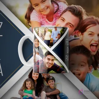 Taza de sublimación blanca con franjas diagonales azules y blancas, mostrando un collage de fotos familiares y la frase 'FELIZ DÍA DEL PAPÁ' en el diseño, sobre un fondo de familias felices.