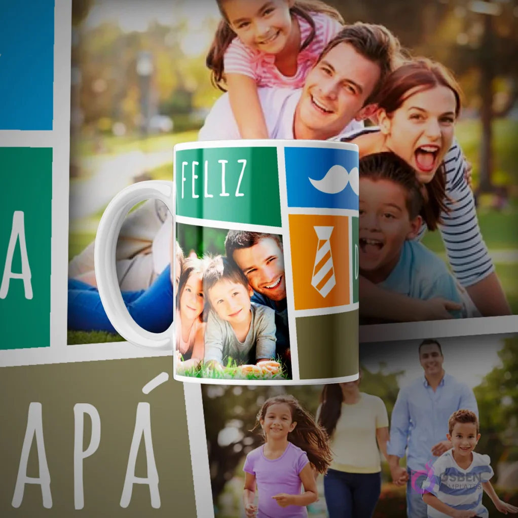 Taza de sublimación blanca con un diseño de bloques de color (verde, naranja, marrón, azul) que incluyen una foto de padre e hijos, un bigote y una corbata, en un entorno familiar.