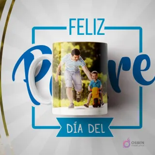 Taza de sublimación blanca con una foto de un padre corriendo junto a su hijo en un triciclo, enmarcada por un diseño azul con la frase 'FELIZ DÍA DEL Padre' y un patrón de rayos.