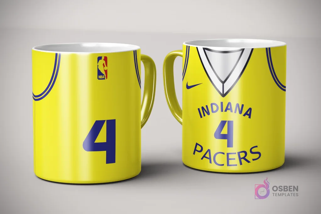 Par de tazas de sublimación con diseño de jersey amarillo y azul de Indiana Pacers, número 4, con logo Nike y logotipo NBA, sobre fondo gris claro.