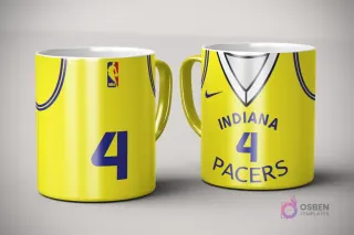Par de tazas de sublimación con diseño de jersey amarillo y azul de Indiana Pacers, número 4, con logo Nike y logotipo NBA, sobre fondo gris claro.