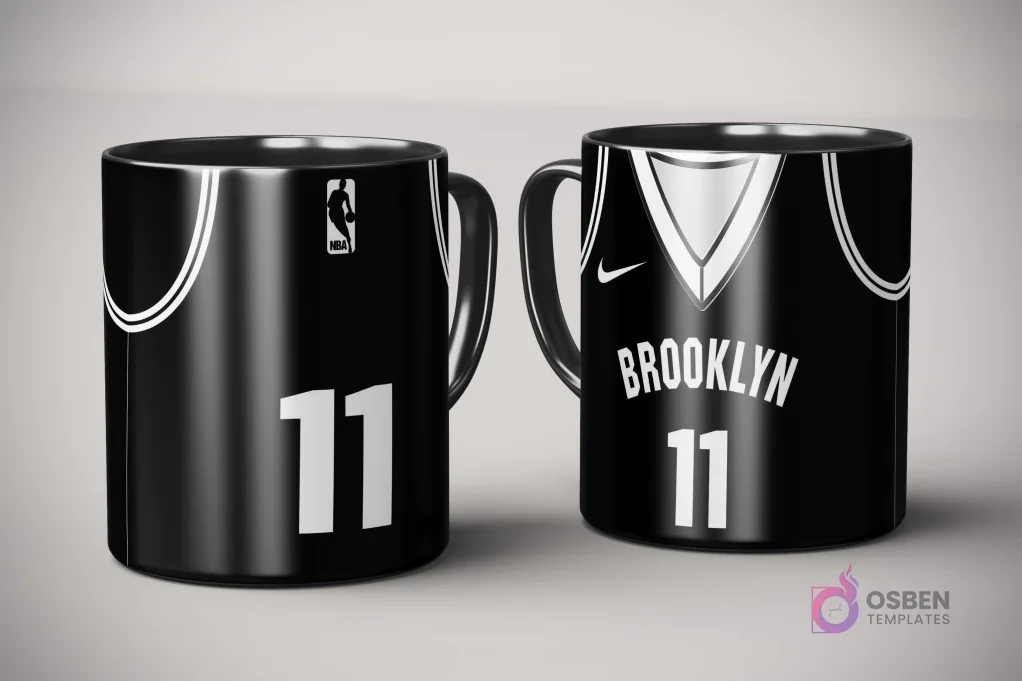 Par de tazas de sublimación con diseño de jersey negro y blanco de Brooklyn Nets, número 11, con logo Nike y logotipo NBA, sobre fondo gris claro.