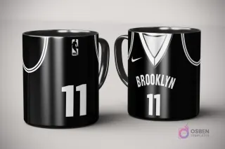 Par de tazas de sublimación con diseño de jersey negro y blanco de Brooklyn Nets, número 11, con logo Nike y logotipo NBA, sobre fondo gris claro.