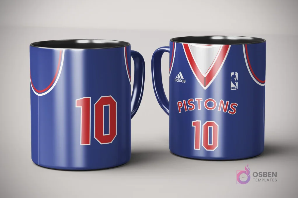 Par de tazas de sublimación con diseño de jersey azul y rojo de Detroit Pistons, número 10, con logo Adidas y logotipo NBA, sobre fondo gris claro.