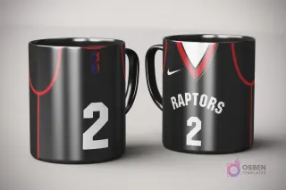 Par de tazas de sublimación con diseño de jersey negro y rojo de Toronto Raptors, número 2, con logo Nike y logotipo NBA, sobre fondo gris claro.