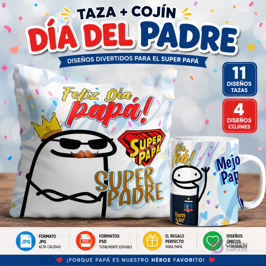 Pack de plantillas para sublimar tazas y cojines Flork del Día del Padre con diseños de fútbol chileno, mostrando un cojín con Flork coronado y una taza con Flork y logo de Colo-Colo, junto a banners de '11 Diseños Tazas' y '4 Diseños Cojín' y especificaciones de formato JPG y PSD.