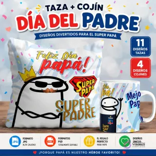 Pack de plantillas para sublimar tazas y cojines Flork del Día del Padre con diseños de fútbol chileno, mostrando un cojín con Flork coronado y una taza con Flork y logo de Colo-Colo, junto a banners de '11 Diseños Tazas' y '4 Diseños Cojín' y especificaciones de formato JPG y PSD.
