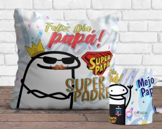 Cojín y taza sublimados con diseños Flork del Día del Padre. El cojín muestra un Flork con corona y gafas y el texto 'Feliz Día Papá! Súper Papá', mientras la taza tiene un Flork levantando la mano y el logo de Colo-Colo con 'Isen Sur'.