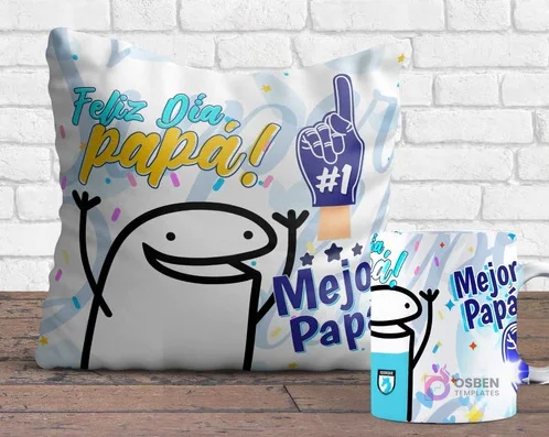 Cojín y taza sublimados con diseños Flork del Día del Padre. El cojín muestra un Flork sonriente con un guante de espuma '#1' y 'Feliz Día Papá! Mejor Papá', y la taza tiene un Flork saludando con el logo de Deportes Temuco.